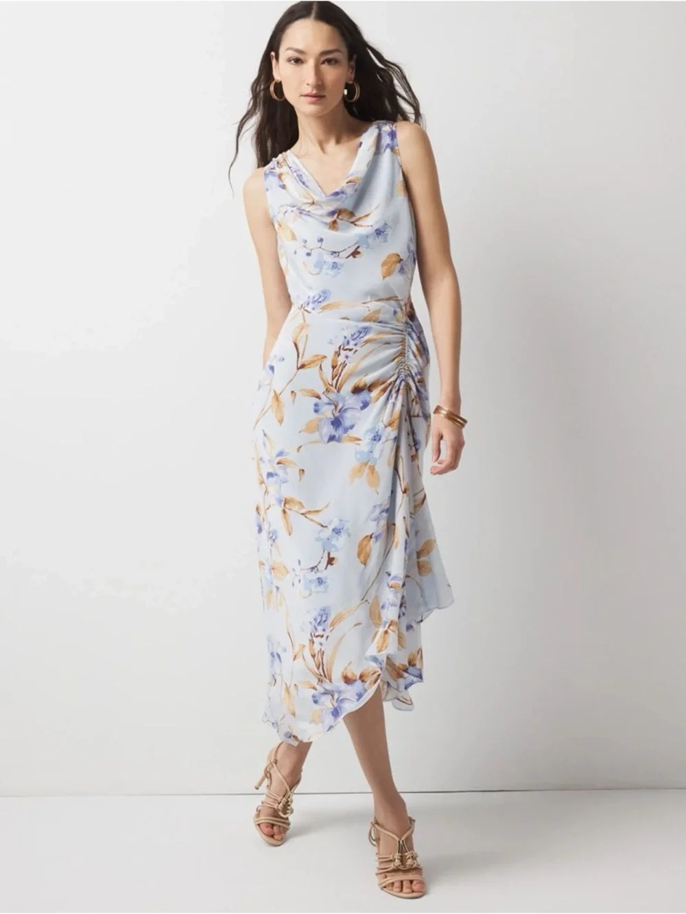 WHITEHOUSE BLACKMARKET•petite cowl neck floral ruched midi dress 8P EUC - Picture 1 of 8